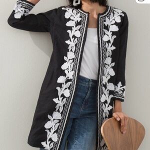 Chico's Black and White Embroidered Linen Jacket Coat